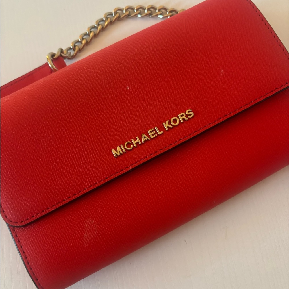 Michael Kors Red Saffiano Leather Crossbody with Gold Chain